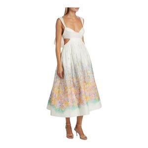 Zimmermann White Floral Midi Dress with Peach & Mint Border